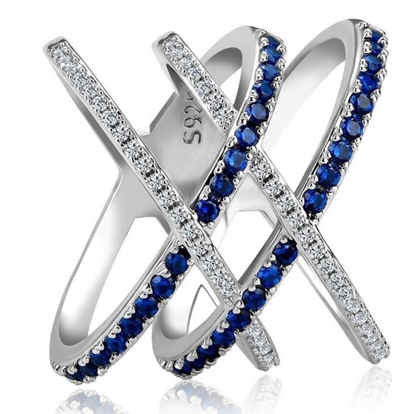 925 Silver Blue White Micro Pave Cross MultiLayer Ring for Women, VIP1… - Picture 2 of 6